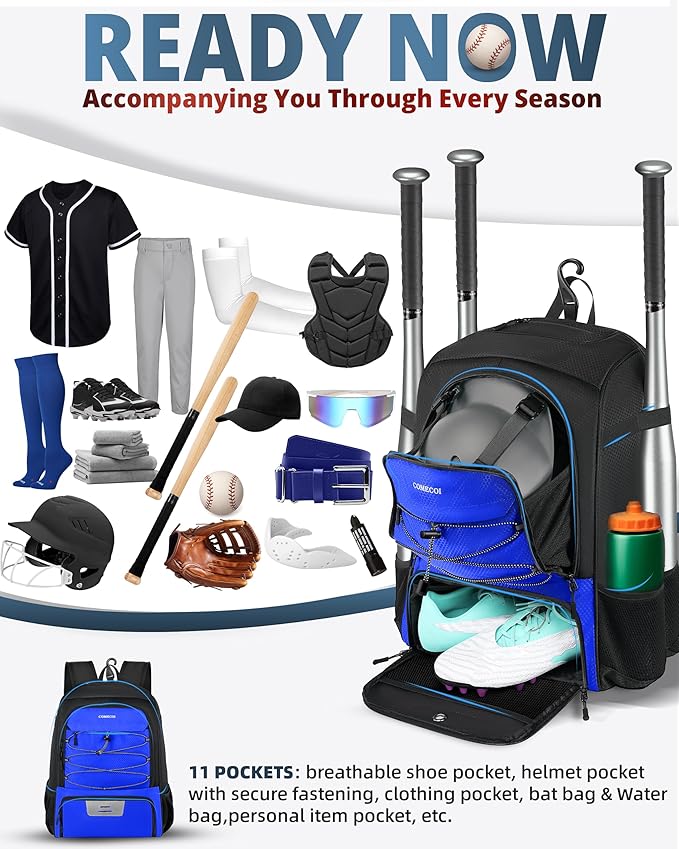 COMECOI Baseball Bag, Baseball Backpack with Helmet Shoes Bag for Youth, Adult, Lightweight Softball Bag with Fence Hook Hold TBall Bat, Baseball Glove, Helmet, Caps, All Gear