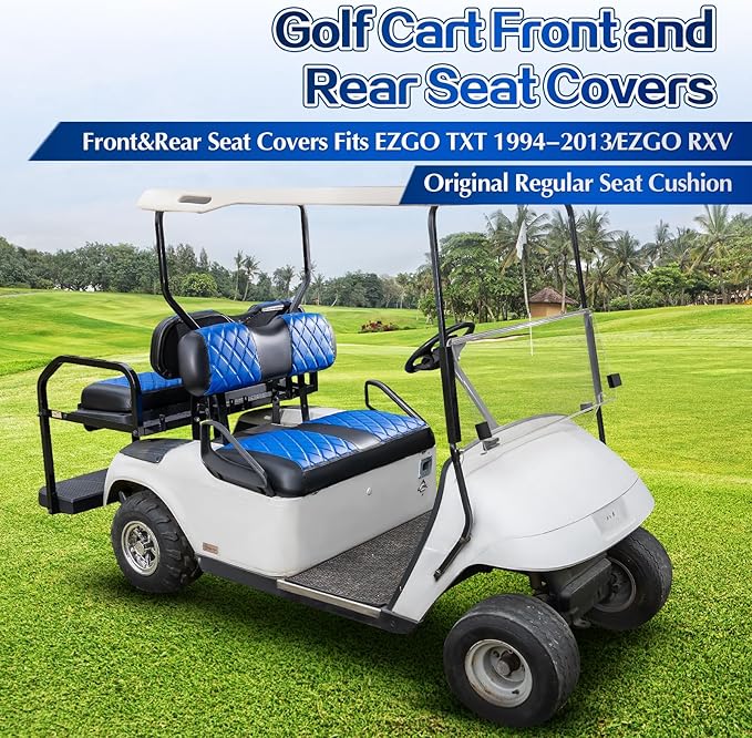 NOKINS 4PCS Golf Cart Diamond Seat Covers Kit,Front and Rear Seat Covers for Club Car Precedent/EZGO TXT/Yamaha Original Regular Seat Cushion (Blue and Black, Fit EZGO TXT 1994-2013)