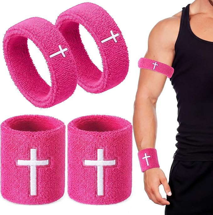 Soulchen 4 pcs Cross Bicep Bands Wrist Bands Christian Arm Sweat Wristbands Absorbent Armband for Men Women Football Baseball Players Sports Activities Supplies