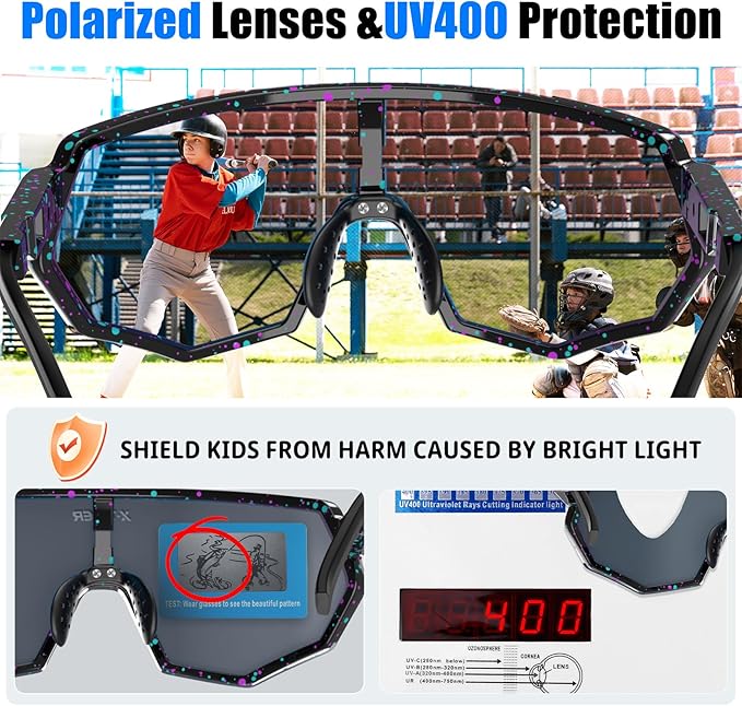 X-TIGER Polarized Youth Baseball Sunglasses UV400 Kids Sunglasses Boys Girls 8-12 Youth for Softball Cycling Sports Glasses