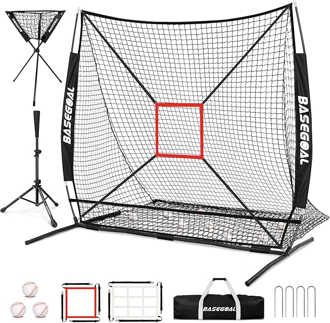BaseGoal 6'×6' Baseball Softball Practice Net,Baseball Backstop,with Batting Tee,Ball Caddy,for Hitting Pitching Batting Catching with Bow Frame,Bonus Strike Zone,Target,Portable and Foldable