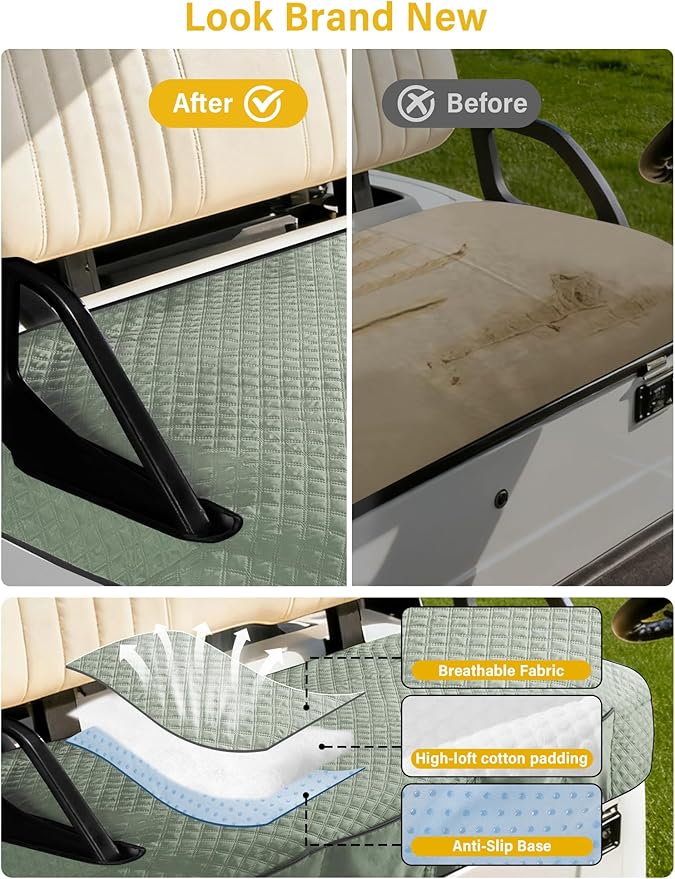 Golf Cart Seat Covers,Golf Cart Seat Towel Blanket with 4 Front Pockets & Nonskid Bottom Fits for EZGO TXT, RXV and More 2 Person Seats Golf Carts (Silver Green, Ezgo TXT, RXV)