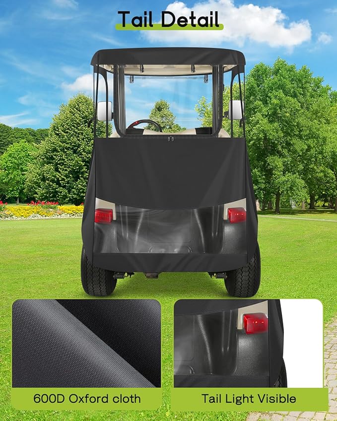 Golf Cart Enclosure 2 Passenger for Club Car Precedent Tempo Onward 2-Person Seaters 600D Waterproof Transparent Driving Rain Cover with 4-Sided Clear Windows Mirror Zipper Roll-Up Door Black