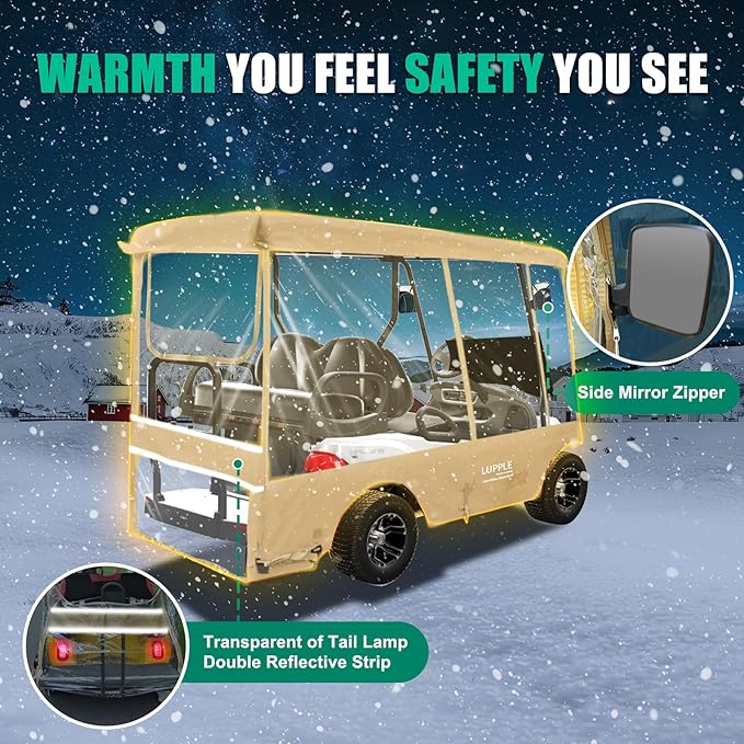 Golf Cart Enclosure 4 Passenger Extended Roof for EZGO/Club Car/Yamaha/ICON, Fits 2+2 Seater Model, 600D Waterproof Rain Cover with Clear PVC Windows and 4-Sided Roll-Up Zipper Doors