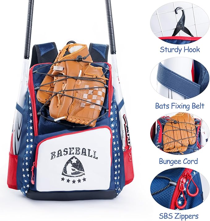 Baseball Bag for Youth & Adult with 4 Bat Sleeves - Softball Bat Bag with Shoe Compartment - Baseball Backpack for T-Ball, Softball Equipment, Baseball Gear, Baseball Bags for Boys 8-12