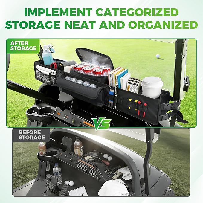 Panglong No-Drilling Golf Cart Front Storage Basket with Detach Cooling Compartment, Multi-Function Storage and Anti-Slip Buckle Strap, Fits Yamaha G29, Club Car Precedent and EZGO TXT Golf Cart