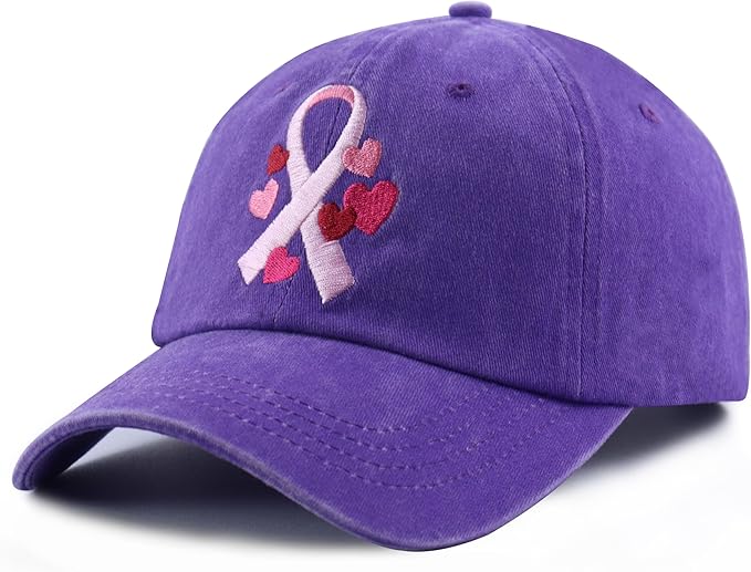 Fight Breast Cancer Hats for Women, Cotton Embroidered Pink Ribbon Little Heart Baseball Cap