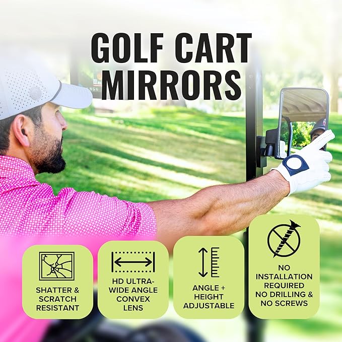 Stripebird - Magnetic Golf Cart Mirrors 2.0 (Gray) - No Drilling - Ultra-Strength Magnet - 2 Folding Side Mirrors - EZ Go Accessory - Club Car Accessory - Golf Cart Accessory