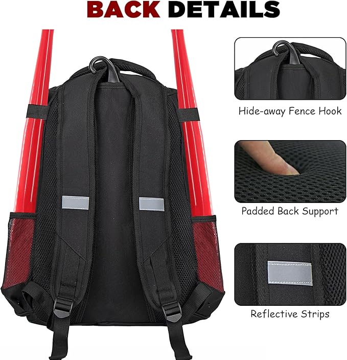 Goloni | Baseball Backpack,Baseball Bag for Adult,Softball Bat Bag with Shoes Compartment,Large Main Compartment for Helmet & accessories, Fence Hook