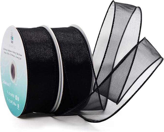 CT CRAFT LLC Sheer Organza Wired Ribbon 1.5" x 25 Yards x 2 Rolls Black by CTCRAFTLLC