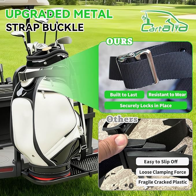 2-in-1 Foldable Metal Steel Golf Cart Rear Seat Bag Holder, Upgraded Stepboard Rack Attachment for EZGO Club Car Yamaha, Fits Normal 8'' Wide & 24.2" Widening Safety Grip Bar, No-Drill