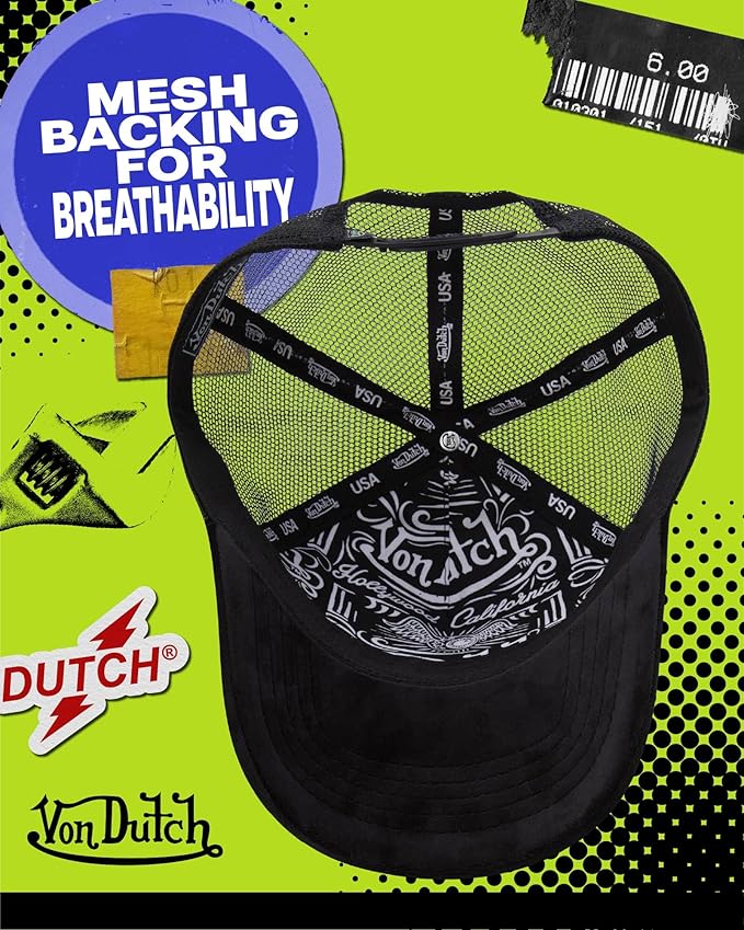 Von Dutch Unisex Trucker Hat - Velvet Curved Bill Mesh Back Retro Classic Adjustable Snapback Baseball Cap for Men and Women