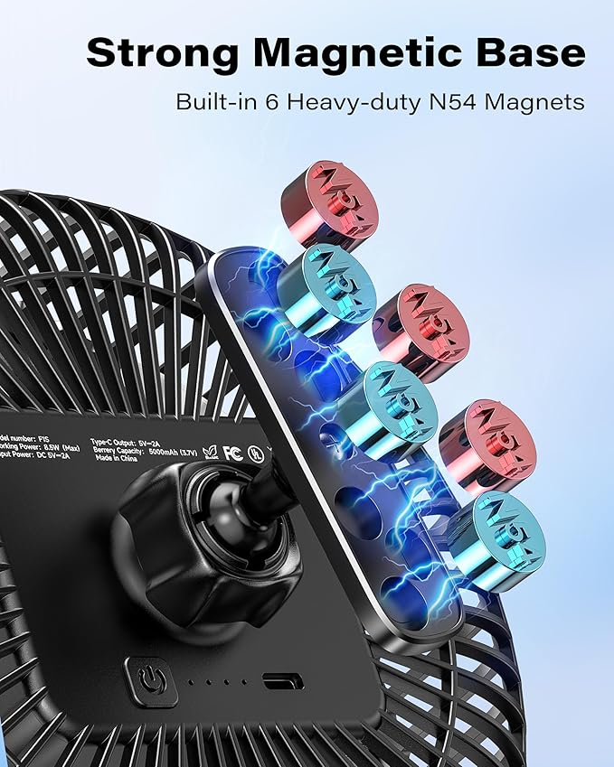 A2C Golf Cart Fan, 7.5" Rechargeable Magnetic Fan with 4 Speed Modes, Up to 15 Hours, Strong Airflow, Fits EZGO Club Car Yamaha, for Golf Cart & Cruise Ship Accessories, Outdoor Use