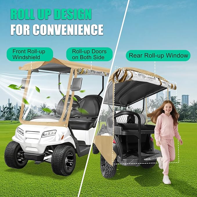 Golf Cart Enclosure 4 Passenger Extended Roof for EZGO/Club Car/Yamaha/ICON, Fits 2+2 Seater Model, 600D Waterproof Rain Cover with Clear PVC Windows and 4-Sided Roll-Up Zipper Doors