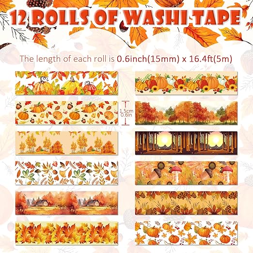 12 Rolls Autumn Washi Tape Set, Fall Maple Leaves Pumpkin Sunflower - Image 2