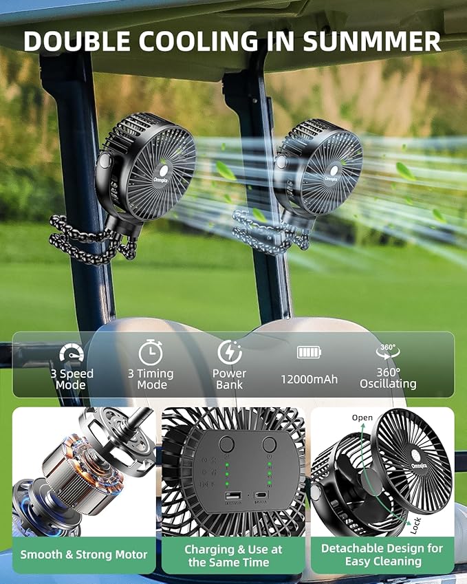 Golf Cart Fan Rechargeable, 12000mAh Battery Operated Portable Fan with 3 Speeds & Timer 360°Rotatable, Golf Palyer Essential Compatible with EZGO Club Car Yamaha Golf Accessories Gifts for Men Women