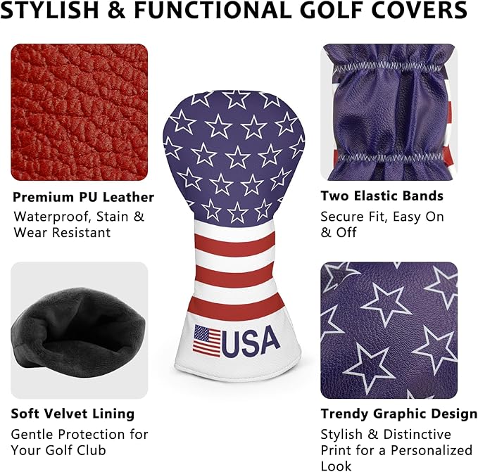 Golf Club Head Covers for Men Women, PU Leather Golf Headcover for Driver Fairway Wood and Hybrid, Funny Golf Accessories
