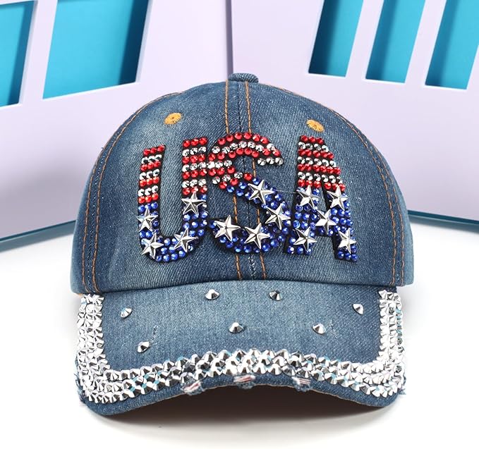 American Flag Hats Love Breast Cancer Adjustable Rhinestone Baseball Cap USA Patriotic Embroidered Baseball Trucker Hat