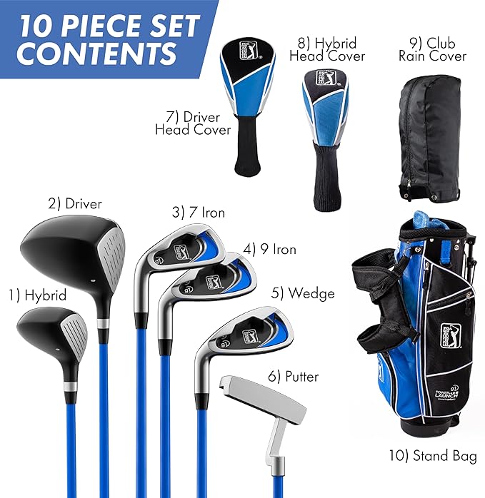 PGA Tour Youth Golf Club Set for Ages 5-15+ (3’5”-5’10”), Right and Left-Handed Kids Golf Sets – Beginner Junior Golf Clubs with Lightweight Stand Bag, Mallet Putter, Hybrid, Driver