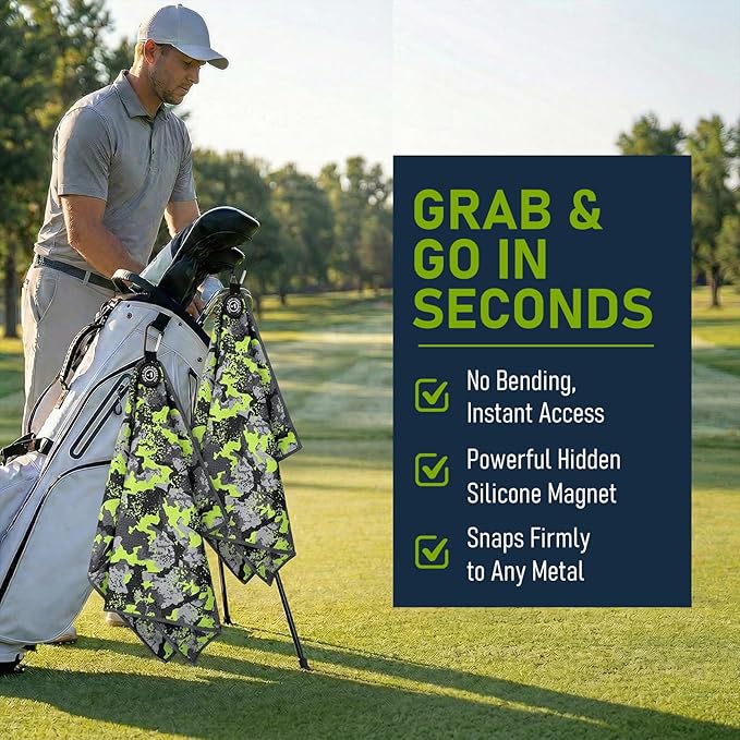 Magnetic Golf Towel 16x24 Ultra Absorbent Waffle Microfiber, Strong Magnet for Cart Clubs, Spot-Clean Design Golf Accessories Gifts for Men (Green-Camo)