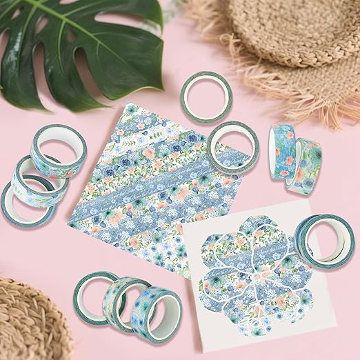 12 Rolls Floral Washi Tape, Vintage Blue Pink Floral Decorative Tapes - Image 3