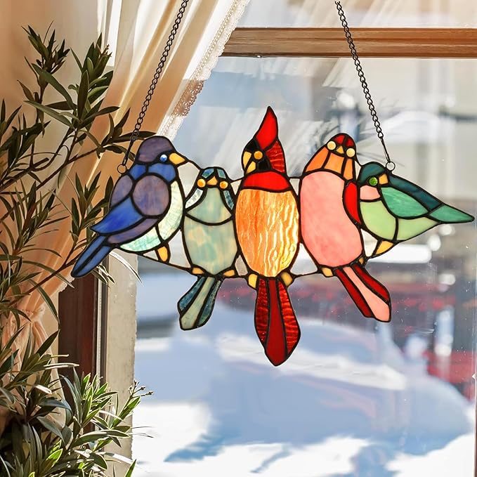 PA0011 Tropical Birds on The Wire Stained Glass Window Panel Tiffany Style - Image 4