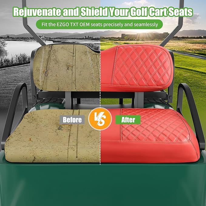 10L0L Golf Cart Seat Covers for Club Car Precedent,EZGO TXT Front/Rear Seats Diamond Pattern,Vinyl Leather with Adjustable Straps and Retractable Buckle, No Stapler Needed