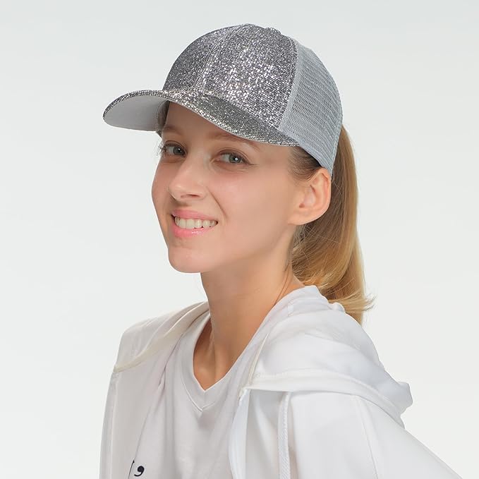 C.C Ponycap Messy High Bun Ponytail Adjustable Glitter Mesh Trucker Baseball Cap