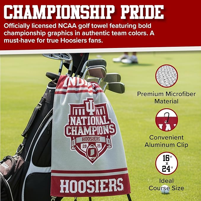 Indiana Hoosiers 2025 National Championship Golf Towel, 16" x 24" Microfiber Towel with Aluminum Clip, Officially Licensed NCAA Accessory
