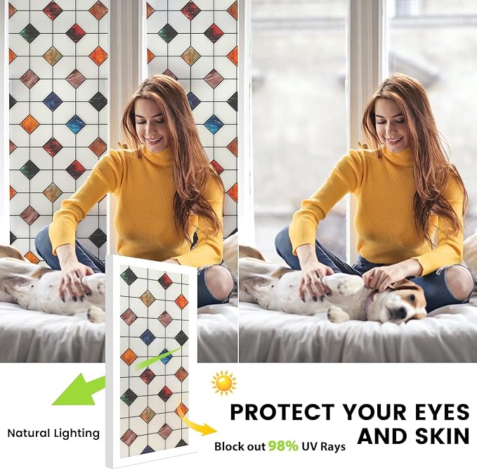 DKTIE Stained Glass Window Film Geometric Patterns, Fine Frosted Window Clings - Image 3