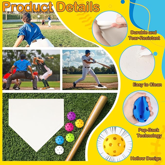 Mototo Rollable Baseball Base for Yard Practice Kit, 5 Baseball Home Plate Rubber Base with 6 Practice Soft Balls & Black Storage Bag, Throw Down Home Plate for Backyard, School Kickball, Tball