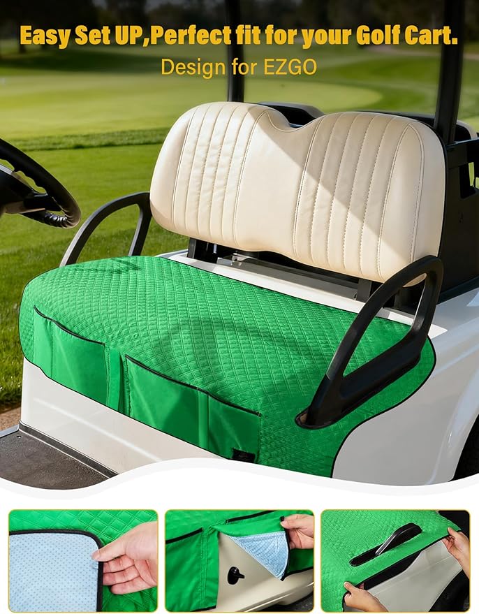 Golf Cart Seat Covers,Golf Cart Seat Towel Blanket with 4 Front Pockets & Nonskid Bottom Fits for EZGO TXT, RXV and More 2 Person Seats Golf Carts (Christmas Green, Ezgo TXT, RXV)