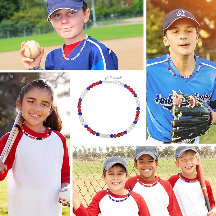 QINJIEJIE Baseball Necklace for Men Glitter Bling Rhinestone Beaded Collection Necklace for Women 16/18in Inspired Sports Jewelry Baseball Chain Cool Gifts for Baseball Players Team Lovers