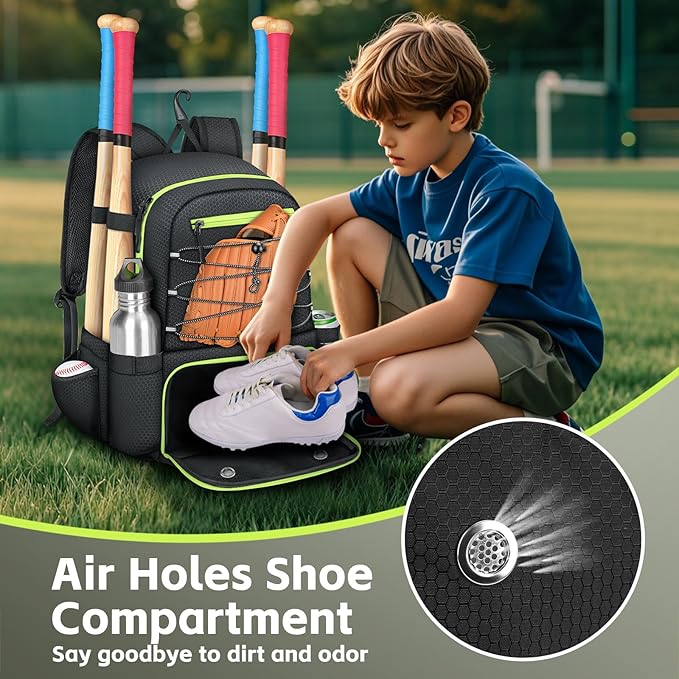 MATEIN Baseball Bat Bag for 4 Bats with Ball Pocket, Lightweight Youth Baseball Backpack with Shoe Compartment, Large Capacity Softball Equipment Bag with Fence Hook for TBall Gear, Helmet, Glove
