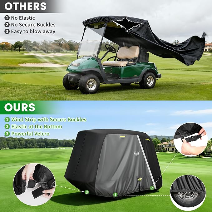 10L0L Golf Cart Cover 2/4/4+2 Passenger for Yamaha EZGO Club Car, Heavy Duty 420D Waterproof Windproof Durable Oxford Golf Cart Cover with 3 Zipper Doors for All-Weather Protection (Black/Silver)