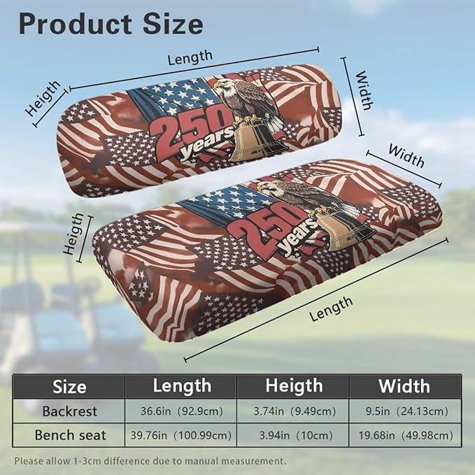 Bulopur Eagle Golf Cart Blanket Seat Covers 250 Years USA Flag Club Car Golf Cart Seat Covers Non-Slip Breathable Cozy 2 PCS Golfcart Cushion Cover Washable