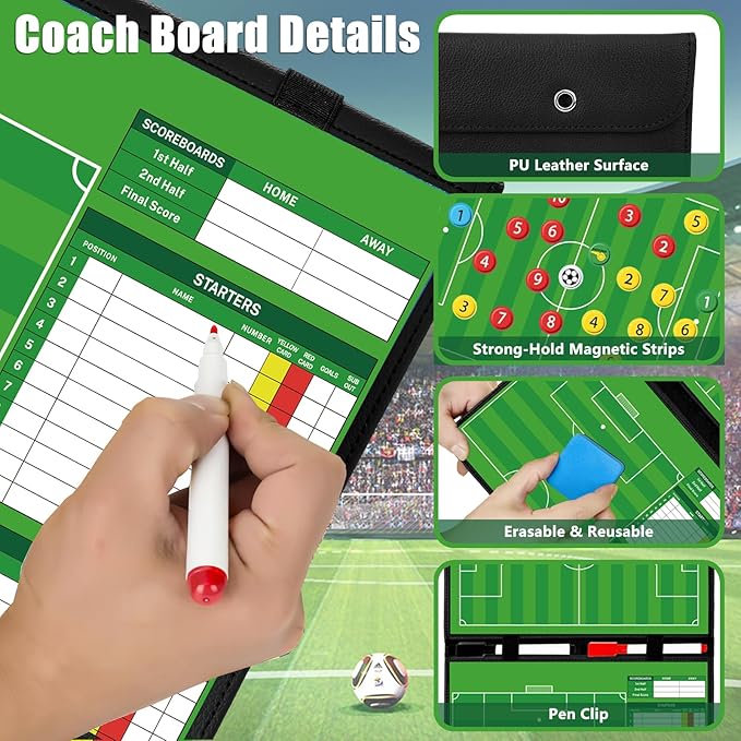 Magnetic Soccer Coaching Board – Portable Dry Erase Whiteboard with Fence Clip, Magnets & Carry Bag, Foldable Clipboard for Soccer Coaches & Players, Ideal Coach Gift
