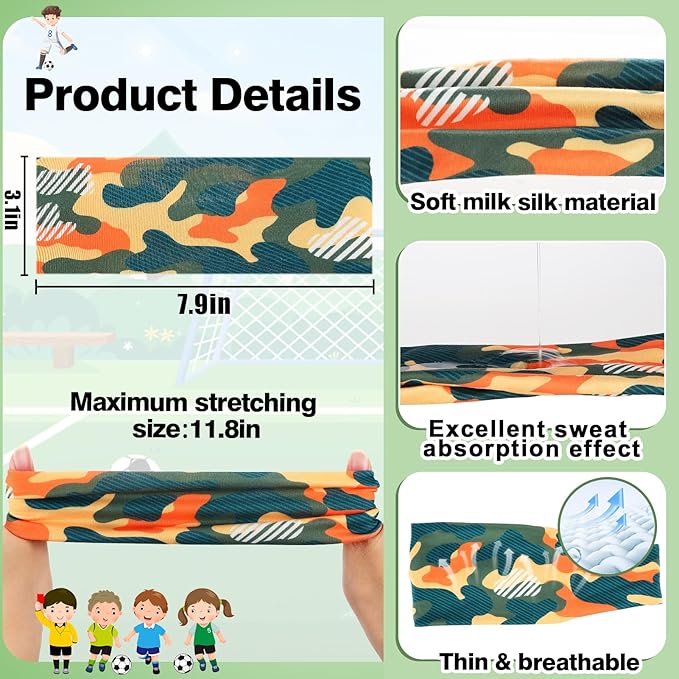 6Pcs Breathable Sports Sweatbands for Kids - Ages 4-10 Boys Girls Sweat Wicking Non Slip Elastic Hairbands, Athletic Headbands Accessories Gifts for Football Soccer Basketball Baseball Dance
