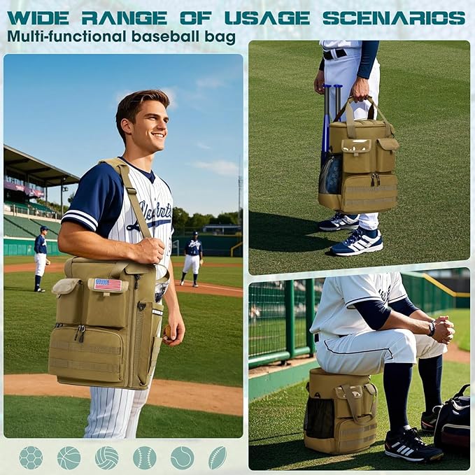 RAINSMORE Baseball Bucket Bag Baseball Coaches Accessories Organizer with Insulation Pocket Tactical Softball Bag with Anti-Slip Bottom, Multiple Pockets for Bat, Gloves, Scoreboards
