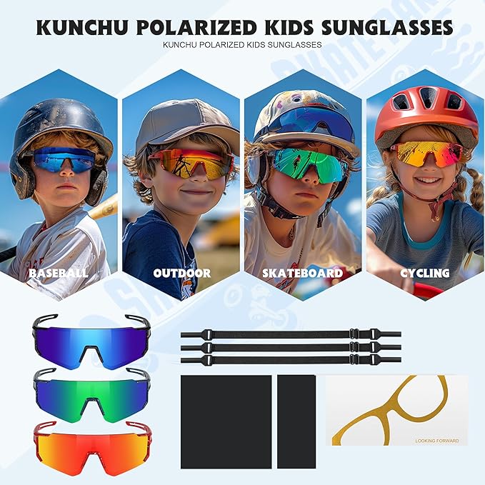Kids Sunglasses Polarized - UV400 Protection Boys Youth Cycling Goggles Baseball Sunglasses with Glasses Strap