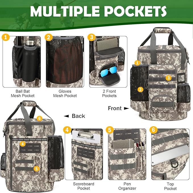 Baseball Bucket Bag Baseball Coaching Accessories Organizer Softball Bucket Bag with Anti-Slip Bottom & Multiple Pockets for Bat, Gloves, Scoreboards