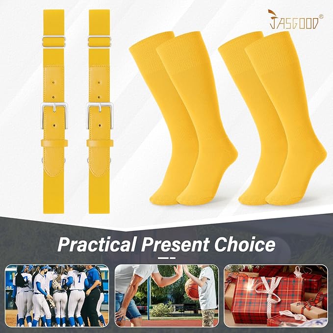 JASGOOD 2 Pack Baseball Socks and Belt Combo Set Softball Socks and Belts Elastic Waist Belt for Youth and Adult Boys