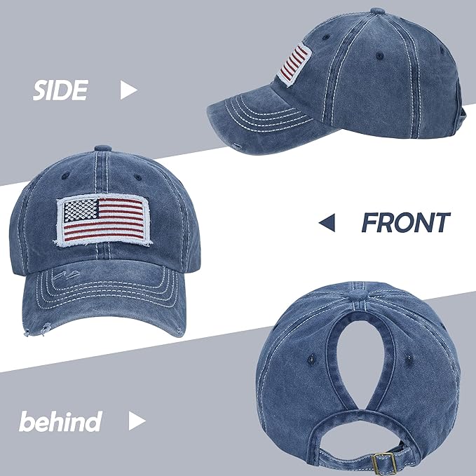 Distressed Ponytail Hat for Women American-Flag Pony Tail Caps High Bun