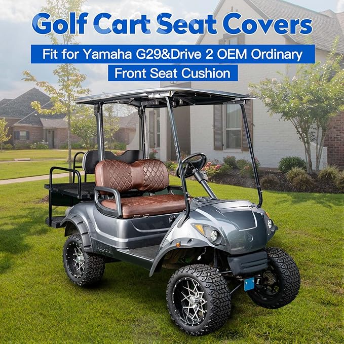 NOKINS Golf Cart Diamond Seat Covers Kit, Fit for Yamaha Drive/Drive2 OEM Standard Front Seat Cushion, No Nails Required & Easy to Clean, Breathable Vinyl Seat Covers (Brown and Brown 8438)