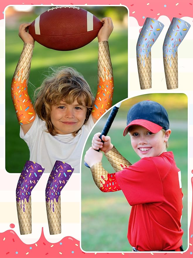 JaGely 16 Pairs Ice Cream Arm Sleeves for Kids UV Sun Protection Football Basketball Baseball Compression Long Sleeves Youth