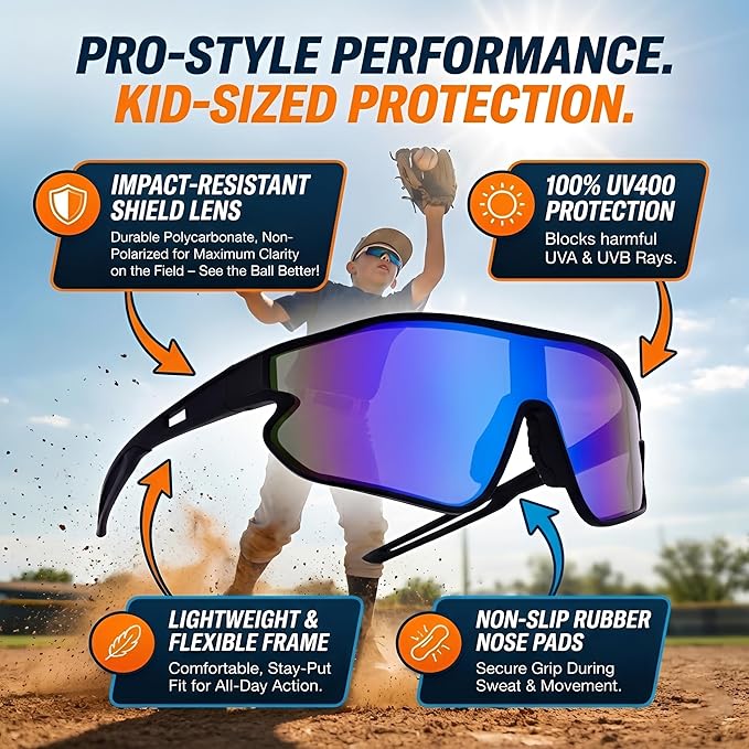 Kids Baseball Sunglasses - Youth Baseball Sunglasses for Boys Girls - Sports Softball Shades Age 6-14