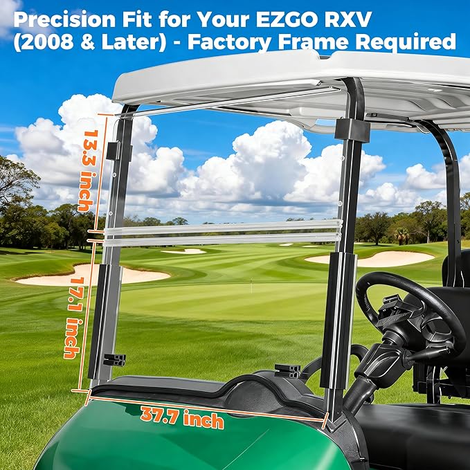 10L0L Golf Cart Folding Windshield for EZGO RXV 2008-Up – 5mm Thick DOT Certified Polycarbonate, Removable Center Strip, Easy Install, Anti-Yellowing, Shatterproof Fold-Down Windshield
