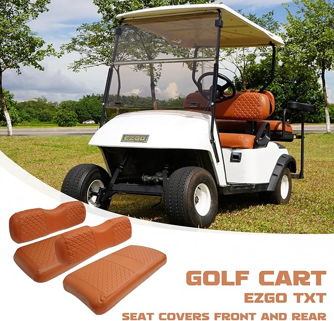 XUANYUDG0769 Golf Cart Front and Rear Seat Covers for EZGO TXT/RXV Club Car DS/Precedent Yamaha G29, Vinyl Leather Made/Adjustable Straps and Retractable Buckle/No Stapler Required,4PCS