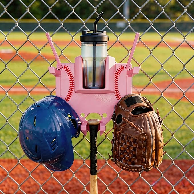 Baseball and Softball Dugout Organizer, Fence-Mounted Hanging Rack for Bats Helmets Gloves Drinks, Portable and Space-Saving (Pink)