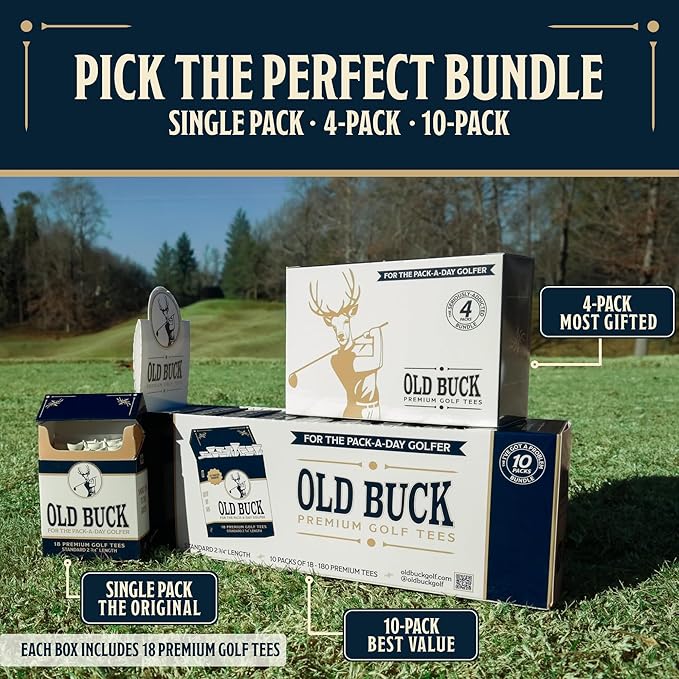 Old Buck 2 3/4" Bamboo Golf Tees, Premium Wooden Driver Tees in Cigarette-Style Carton — 18 Tees — Novelty Golf Gift for Men, Dad & Groomsmen